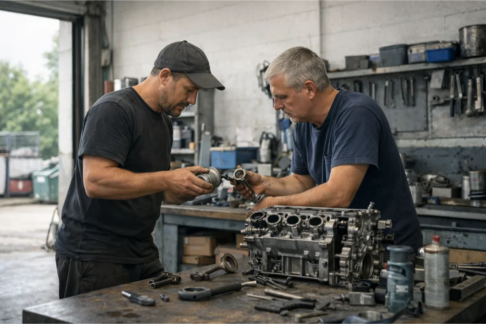 Mechanics inspecting engine parts