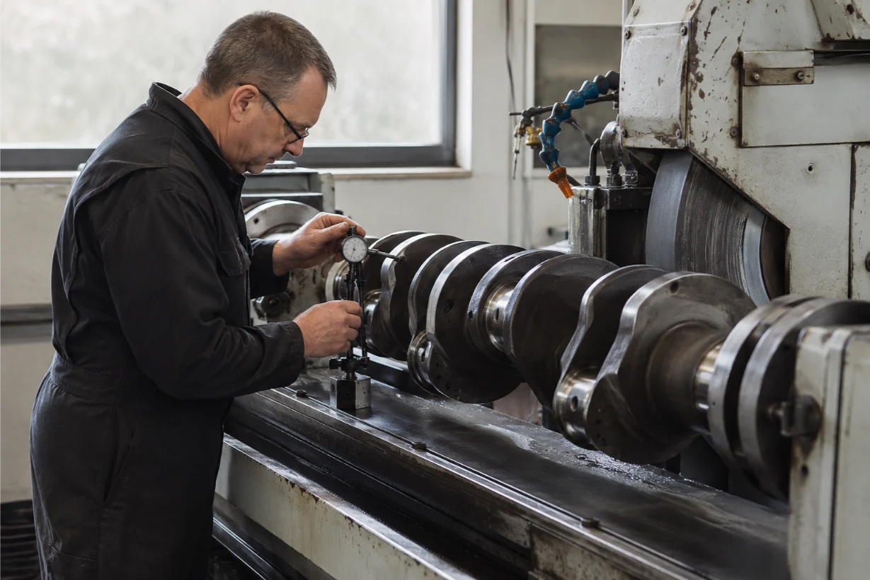 Crankshaft grinding and precision machining in a Cotswolds engine workshop