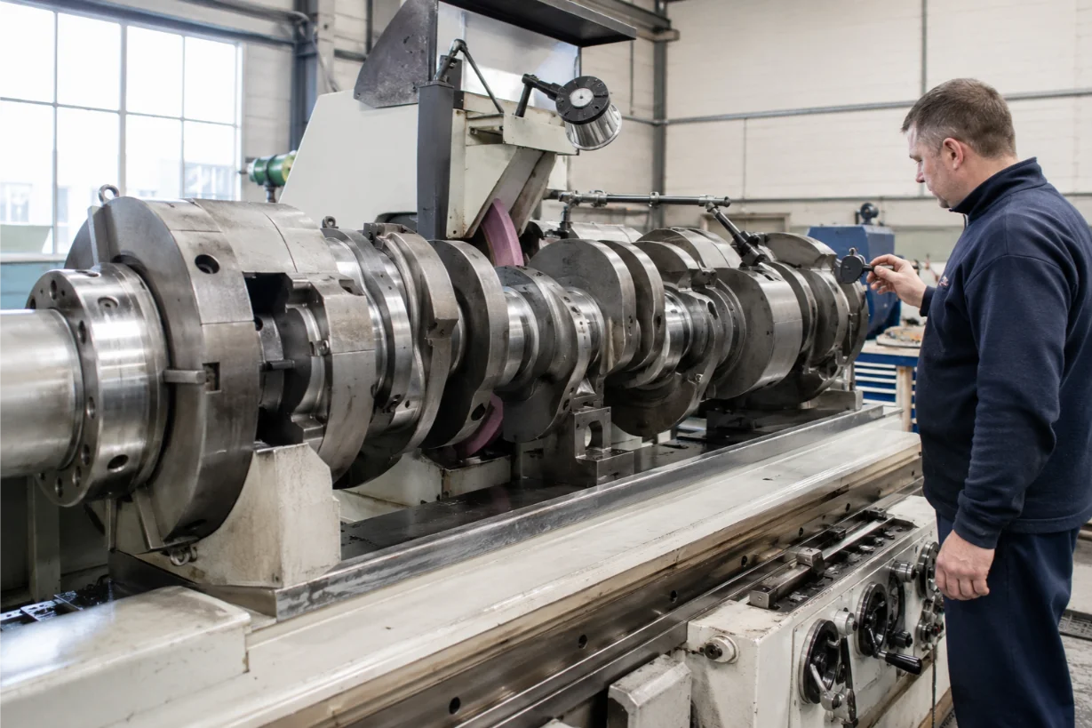 Crankshaft grinding and precision machining in a Crewe engine workshop