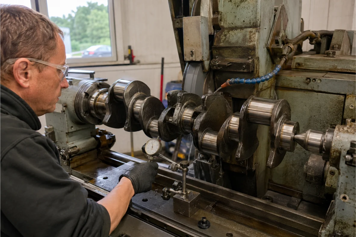 Crankshaft grinding and precision machining in a Kent engine workshop