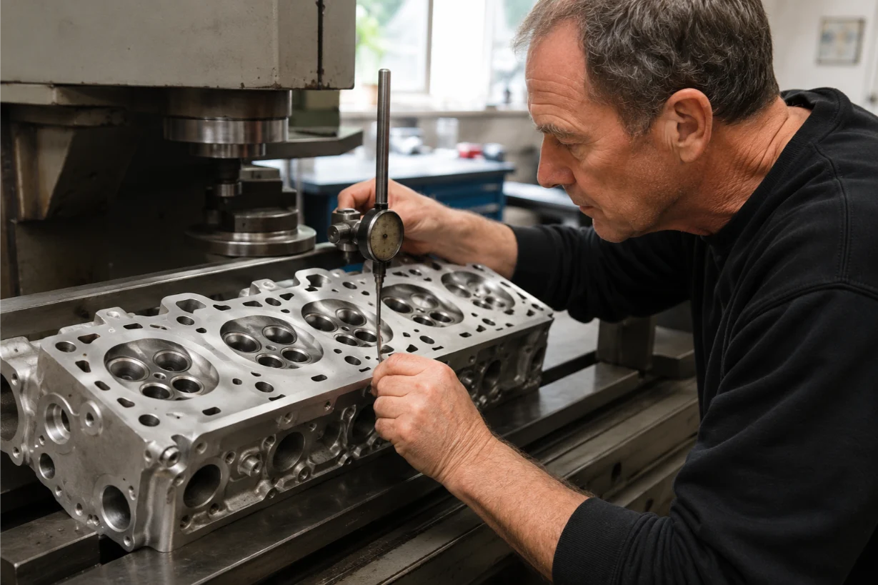 Bentley cylinder head undergoing specialist repair and machining in the Cotswolds
