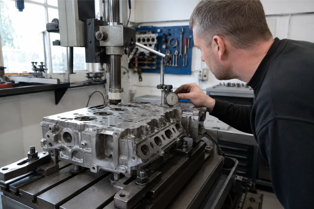 Audi cylinder head undergoing specialist repair and machining in Crawley