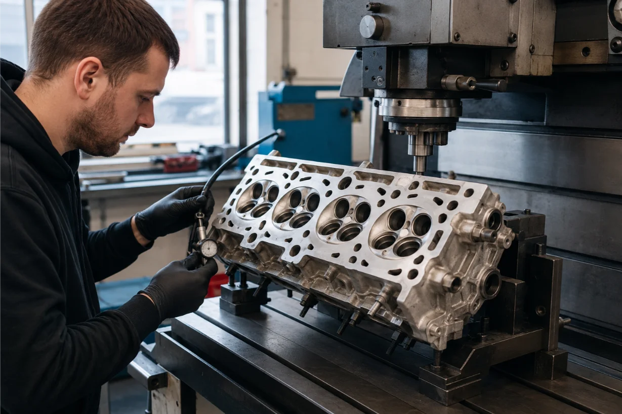 BMW cylinder head undergoing specialist repair and machining in Crewe