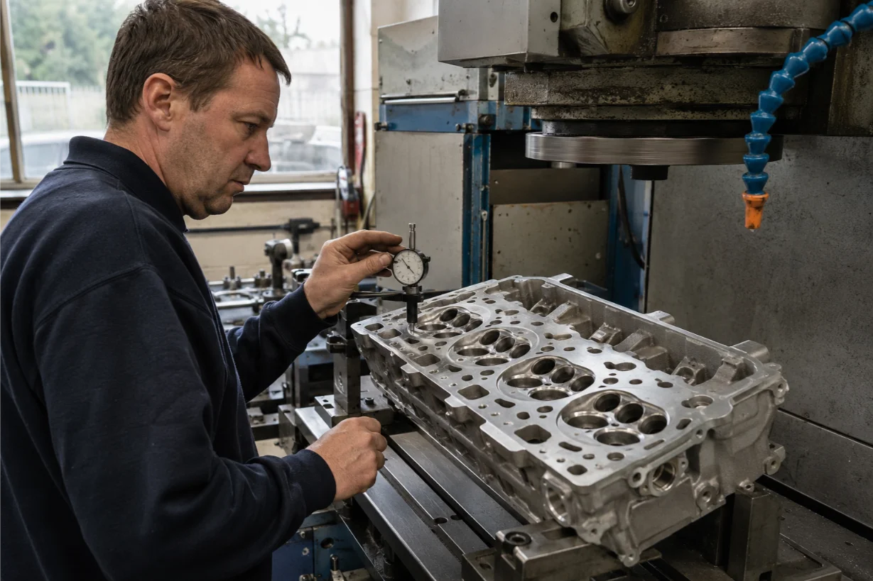 Jaguar cylinder head undergoing specialist repair and machining in Stoke-on-Trent