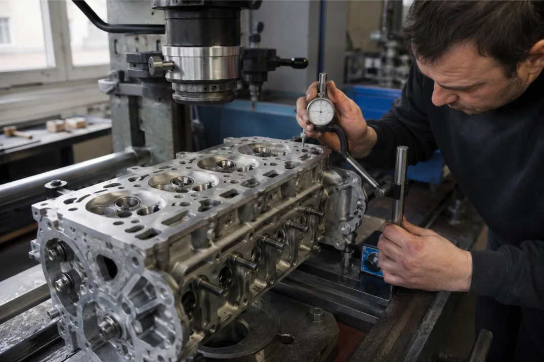 Audi cylinder head undergoing specialist repair and machining in Swindon