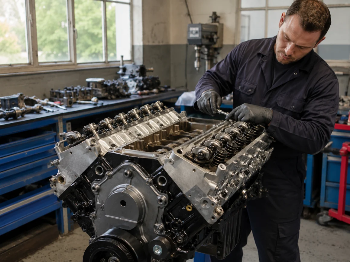 Remanufactured V8 engine undergoing professional reconditioning in Exeter