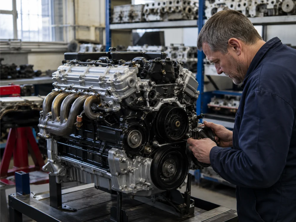Remanufactured V6 engine undergoing professional reconditioning in Guildford
