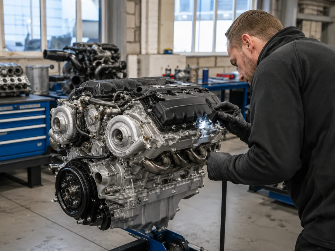 Bentley Flying Spur engine rebuild in a specialist workshop in Wales
