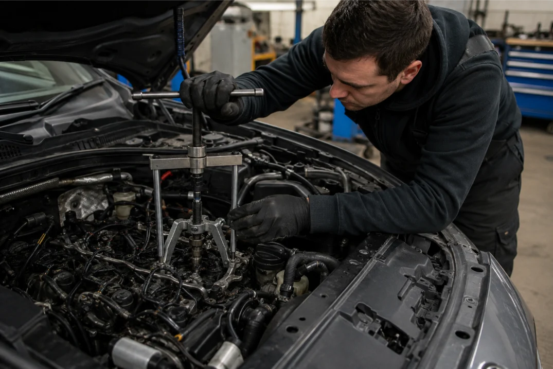 Specialist injector removal and repair on a BMW diesel engine in Cardiff