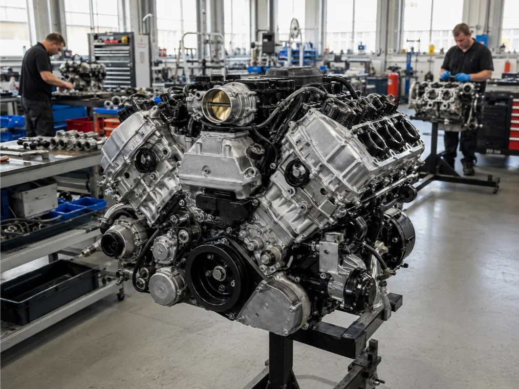 Remanufactured Mercedes engine undergoing professional reconditioning in Peterborough