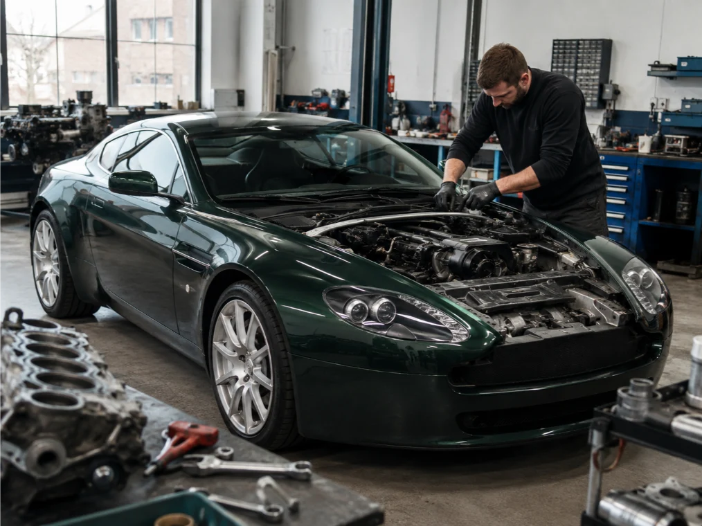 Aston Martin engine repair being carried out by specialist technicians in Bristol