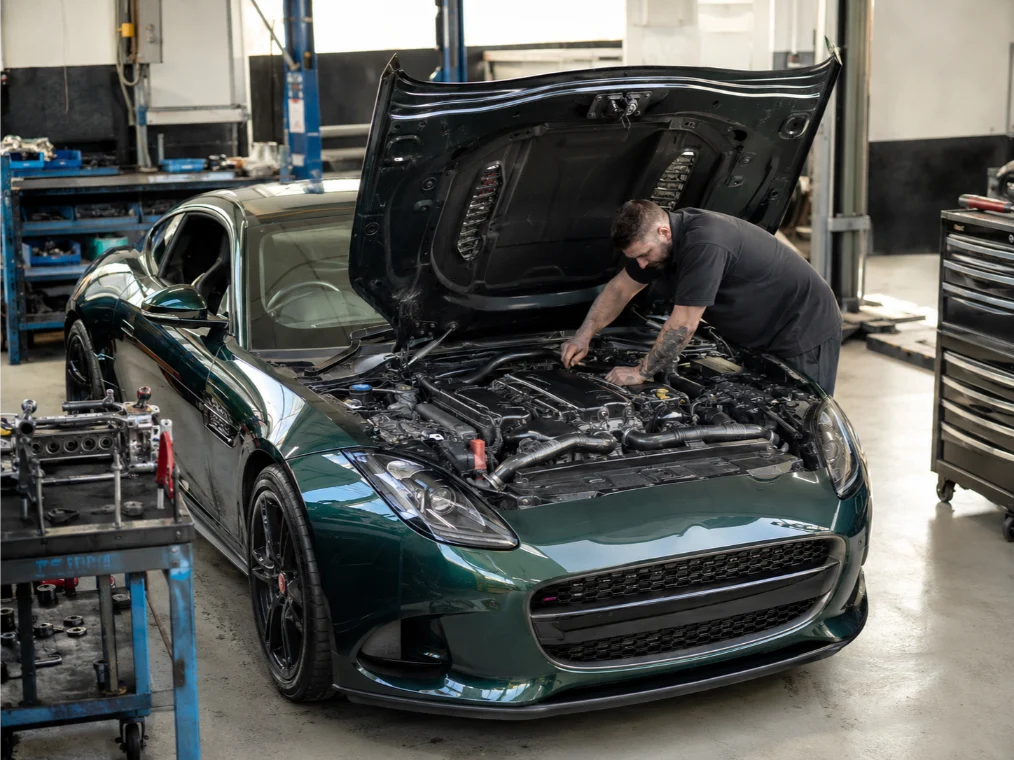 Jaguar F-Type engine repair being carried out by specialist technicians in Cardiff