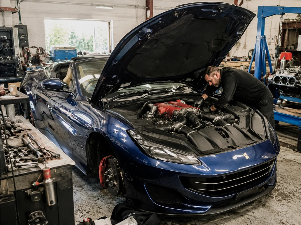 Ferrari Portofino engine repair being carried out by specialist technicians in Essex