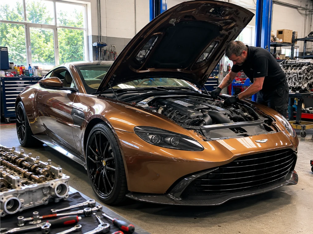 Aston Martin Vantage engine repair being carried out by specialist technicians in Leeds