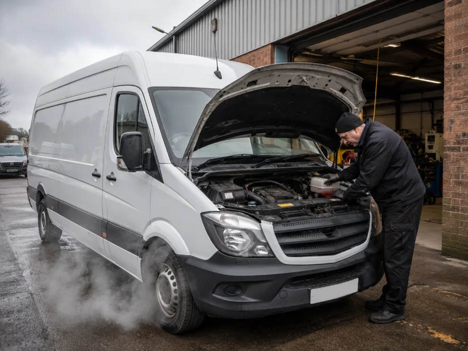 Commercial Van Engine Warning Signs and white smoke is coming out of engine due to overheating
